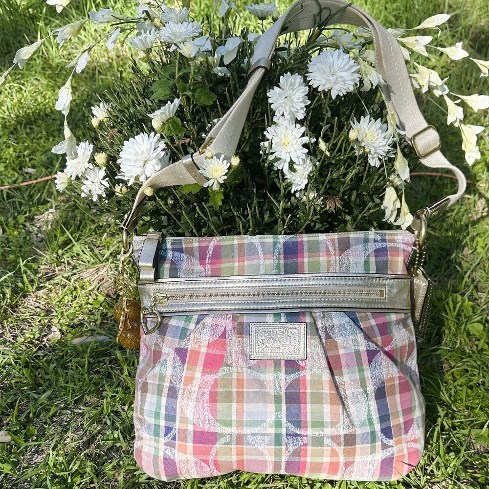 Coach Poppy Daisy Madras Pastel Tartan Plaid Crossbody Purse